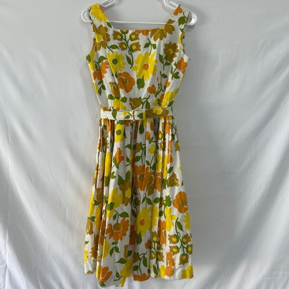 Vintage Inspired 60s 70s Floral Barkcloth Midi Dress Yellow Orang